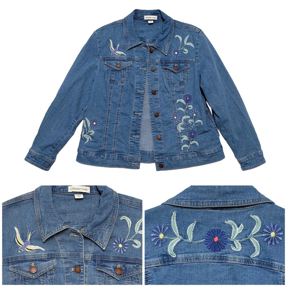 Coldwater Creek Floral Embroidered Jean Jacket S Petite Folk Boho Western Denim